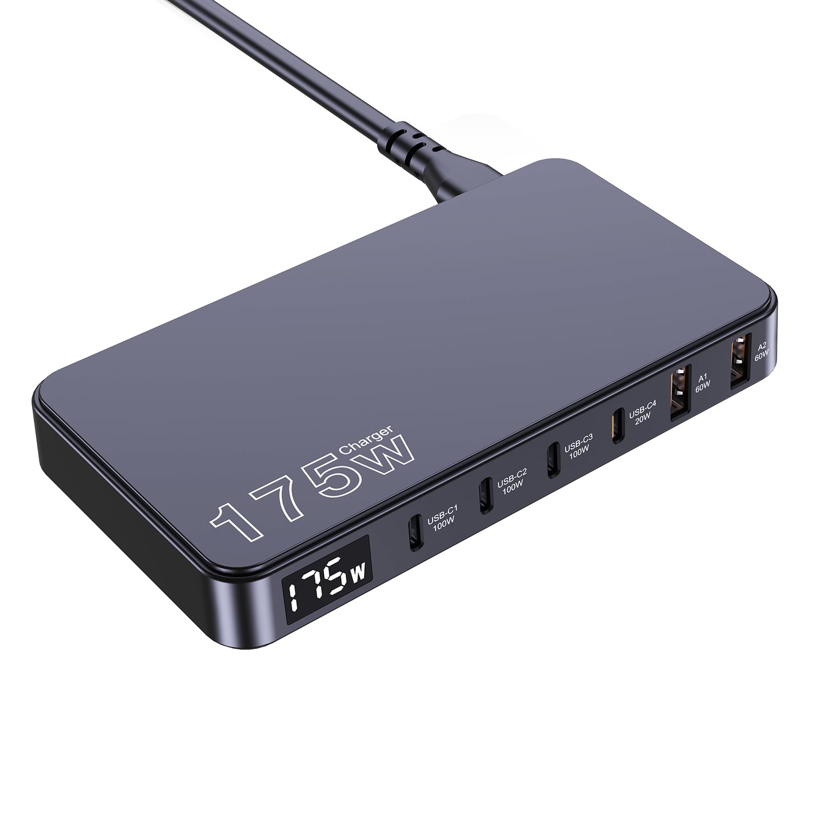 175W USB-C Charger, Ultra-Thin 6 Ports GaN Fast Charging Station, PPS PD 100W Laptop Charger Adapter, LCD Display, Compatible wi