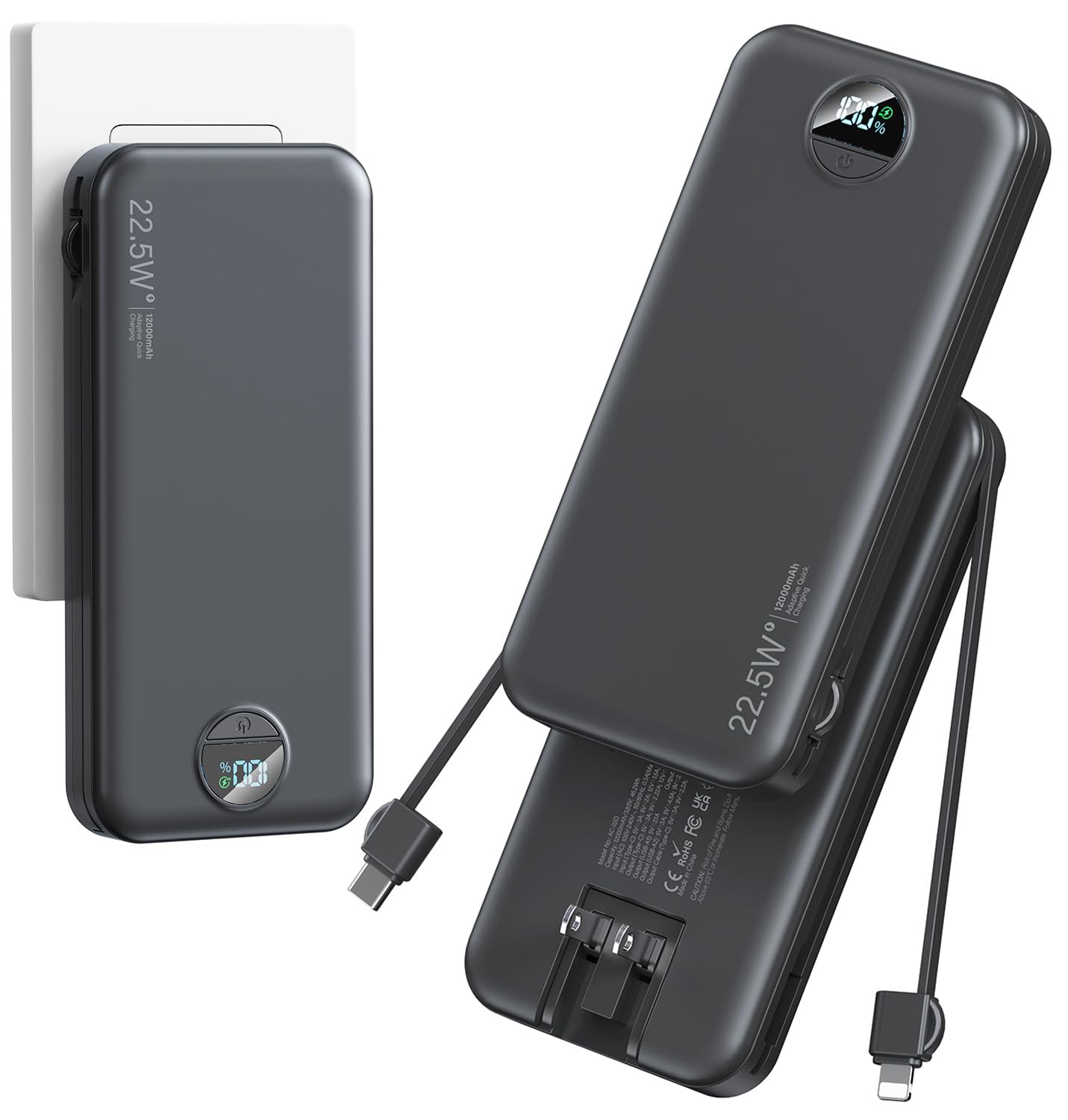 12000mAh Ultra-Portable-Charger-Power-Bank with Built in Cables&AC Wall Plug, PD20W USB-C Fast Charging Cell Phone Charger Batte
