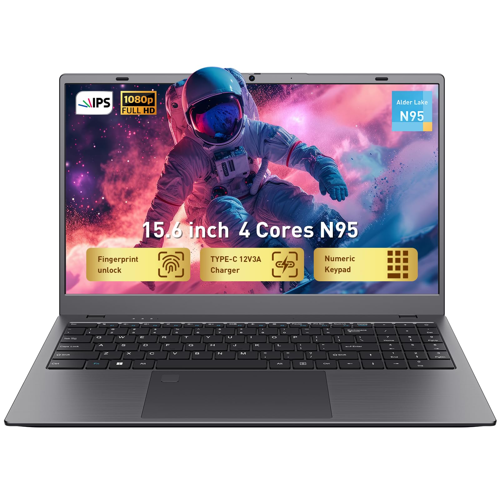 15.6 FHD IPS Laptop Computer-12GB RAM 256GB SSD 4-Core N95 (Beats 6500Y,8100Y) Notebook with Fingerprint, Numeric Keypad, Dual T
