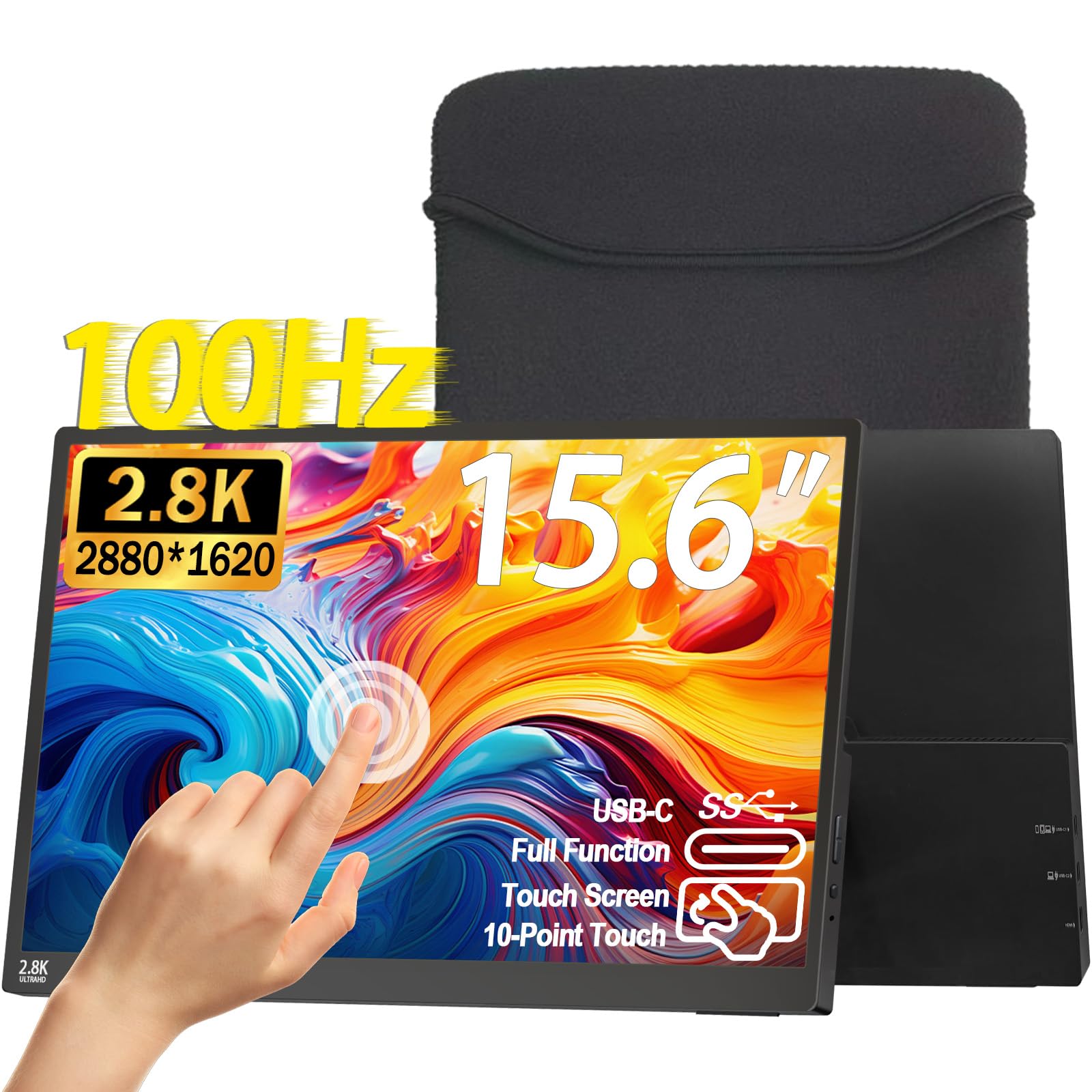 2.5K 100Hz Portable Monitor Touchscreen, 15.6 QHD 2880x1620 300 Nits 100% sRGB IPS Gaming Monitor w/VESA HDR FreeSync Eye Care