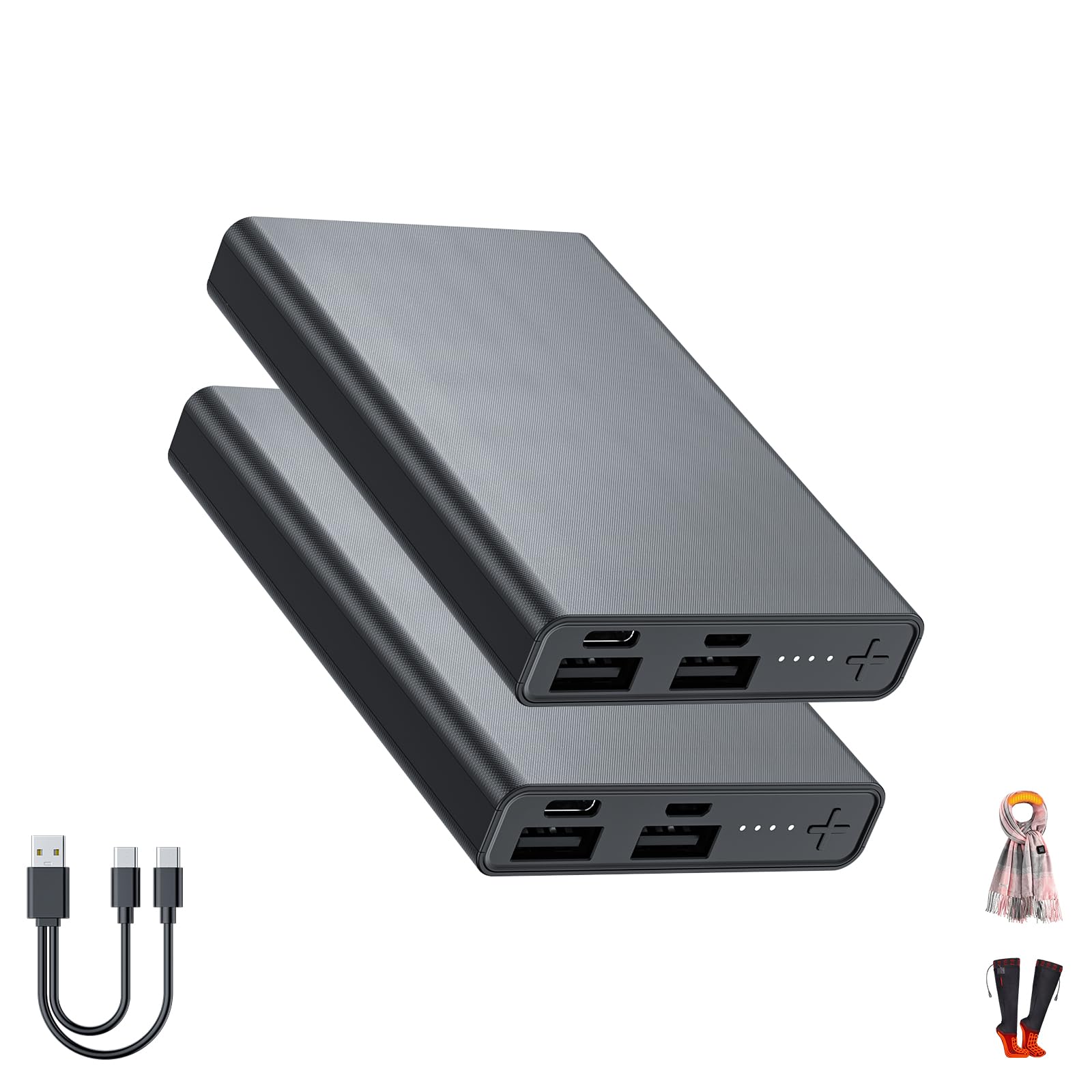 2PCS Heated Socks/Scarf Battery Pack 5000mAh- USB-C & USB-A 2 Outputs Small 5V 2A Power Bank for Electric Heating Scarves (MuroM