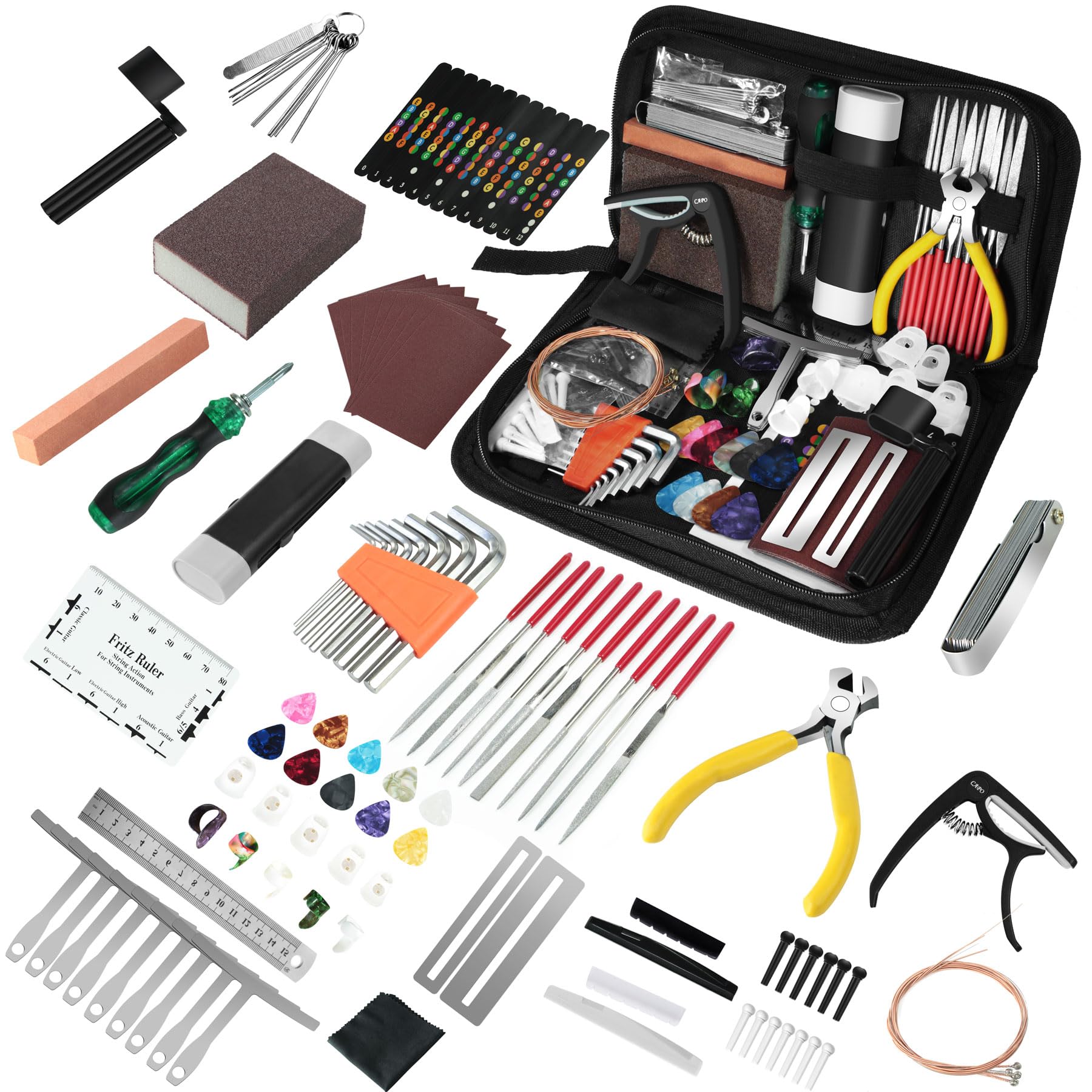 106Pcs Guitar Tool Kit, Guitar Accessories Guitar Maintenance Kit, Guitar Repair Kit with Capo Guitar Strings Picks Bridge Pins