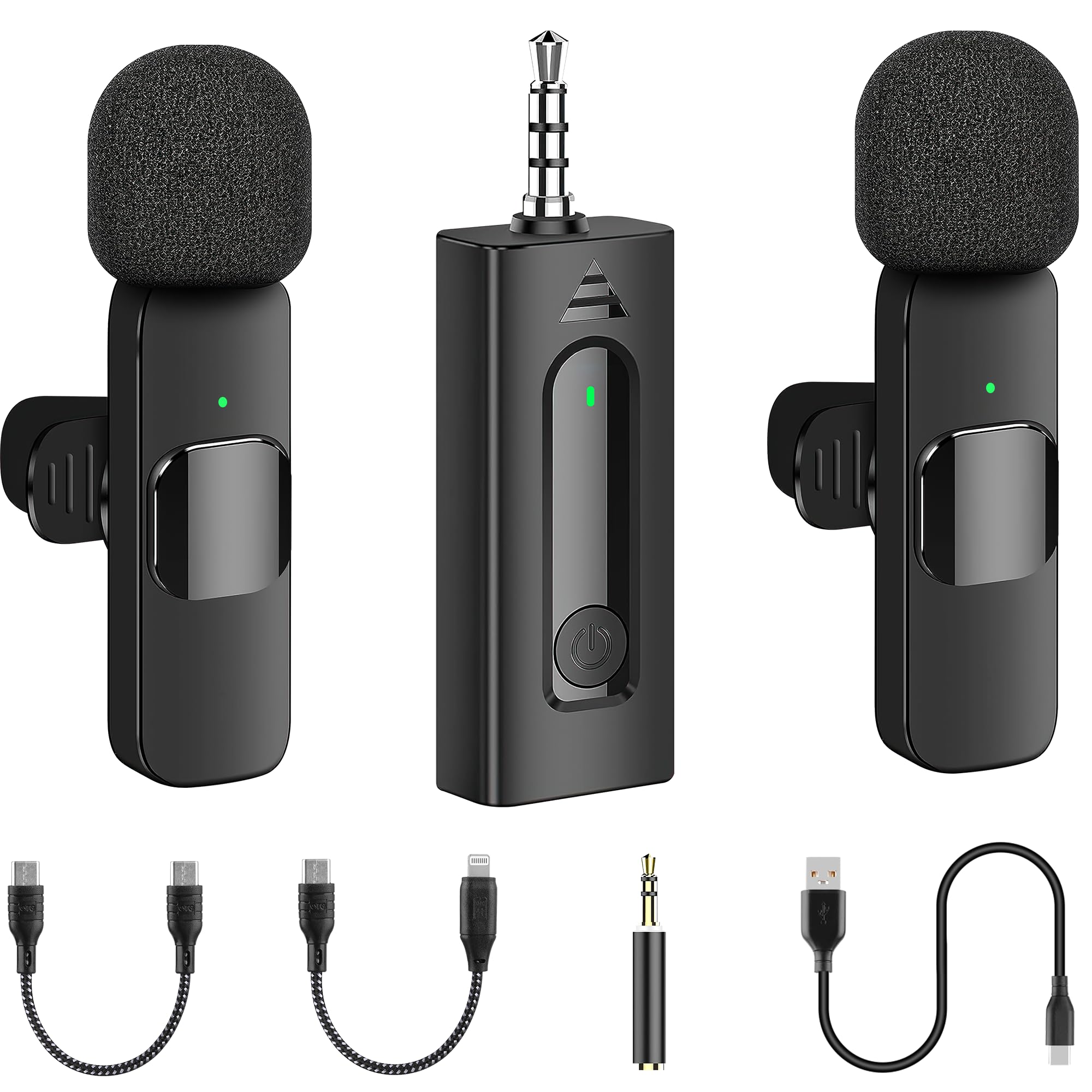 2 Pack Wireless Mini Lavalier Lapel Microphone for iPhone,Android Device(4 in 1) - 65ft Cordless Clip on Dual Mics with Noise Re