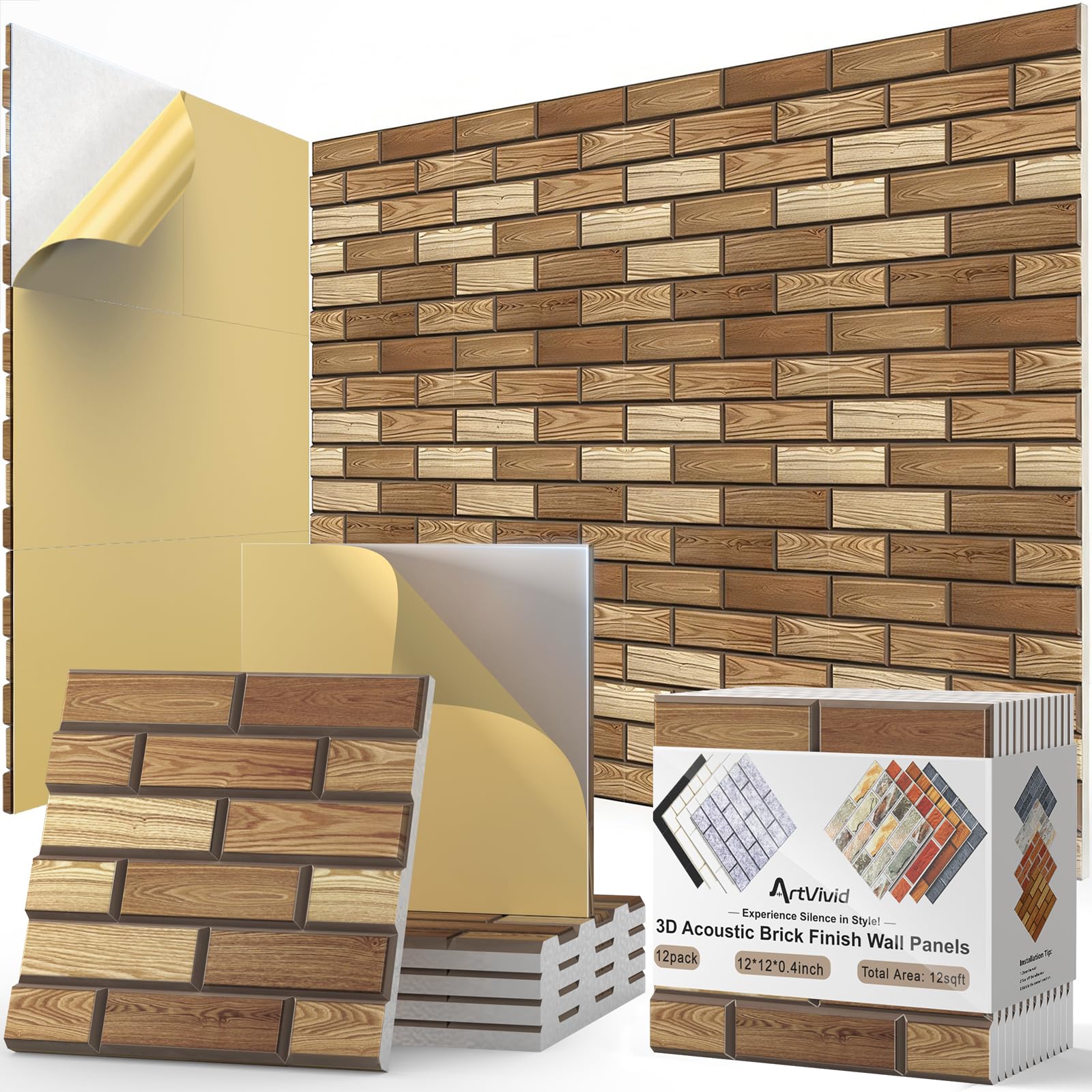 12Pack Acoustic Panels, Self-Adhesive 3D Brick Pattern Sound Proof Panels for Walls, High Density Decorative Acoustic Foam, Soun