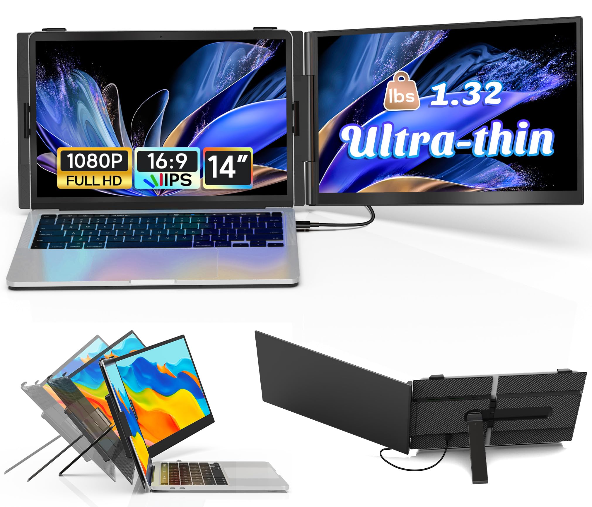 14 Laptop Screen Extender Ultra-Thin, Lightweight Portable Dual Laptop Monitor Extender with Speaker, FHD 1080P Travel Display,